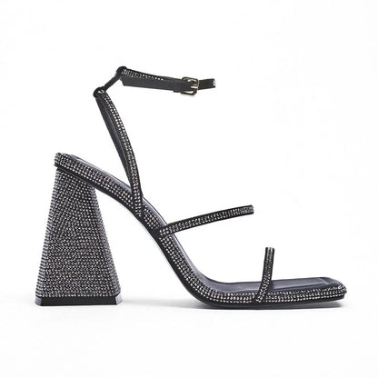 Ashley - Square Toe Rhinestone Heeled Sandal